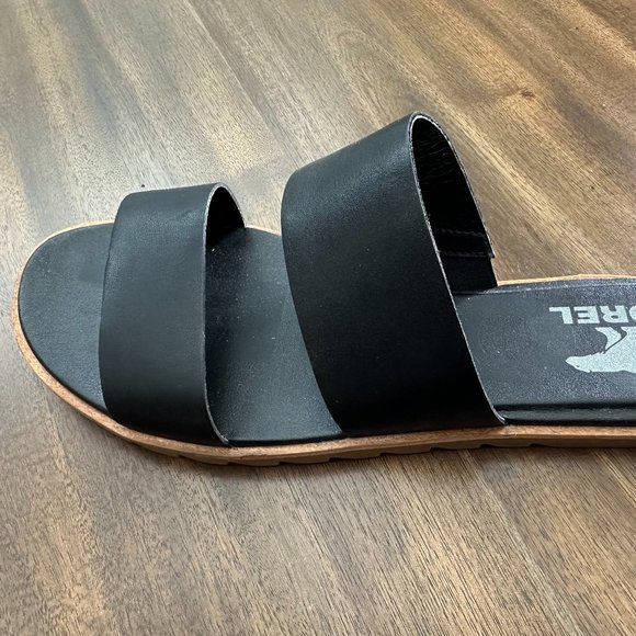 Sorel Black Leather Flat Sandals - Sz 9 - Picture 2 of 3